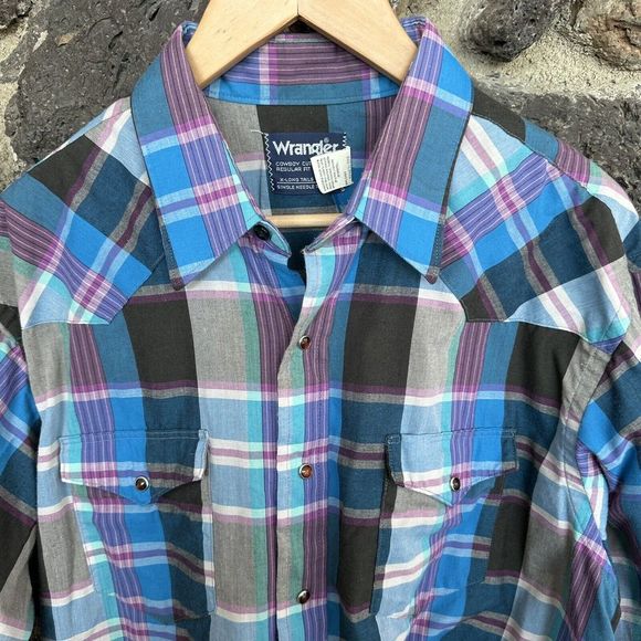 VTG Wrangler Western Shirt Mens Turquoise Plaid Pearl Snap Cowboy Cut - Picture 2 of 5